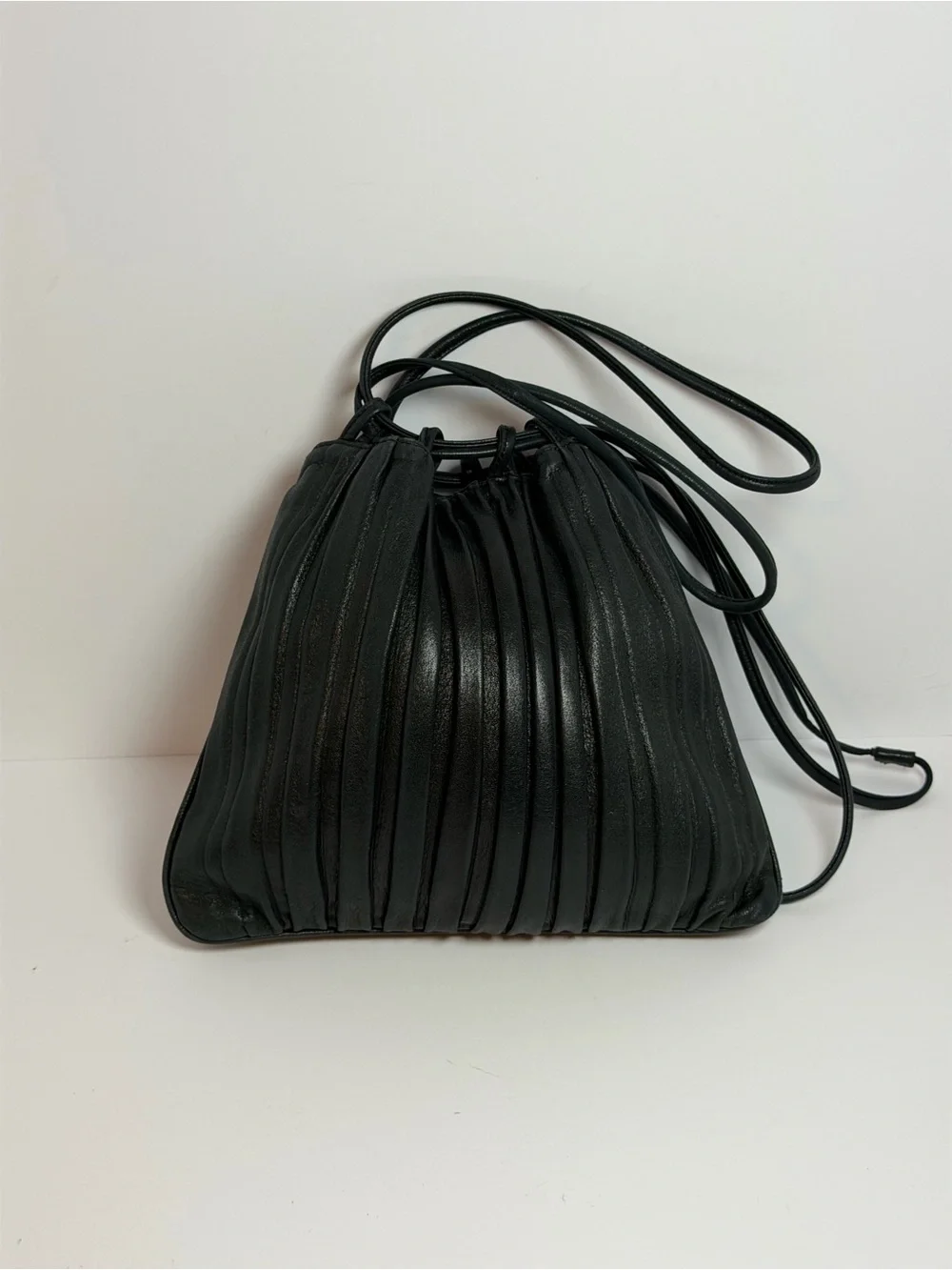 Giorgio Armani Drawstring Black Pleated Leather Bucket Bag